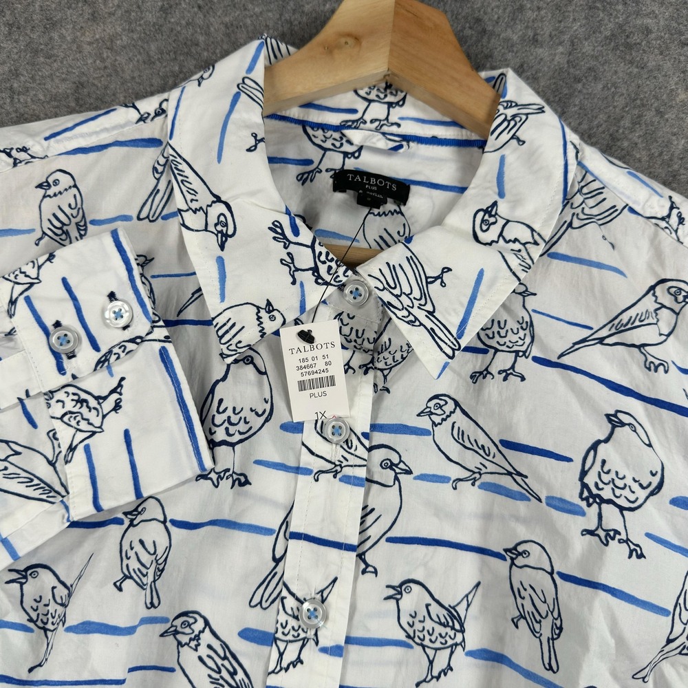 Talbots Shirt Womens 1X Plus White Bird Print Cotton Button Front Long Sleeve